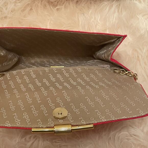Vintage RODO Italy Red Clutch | Silk-Linen Purse, Brass Clasp + Chain Strap - Picture 12 of 13